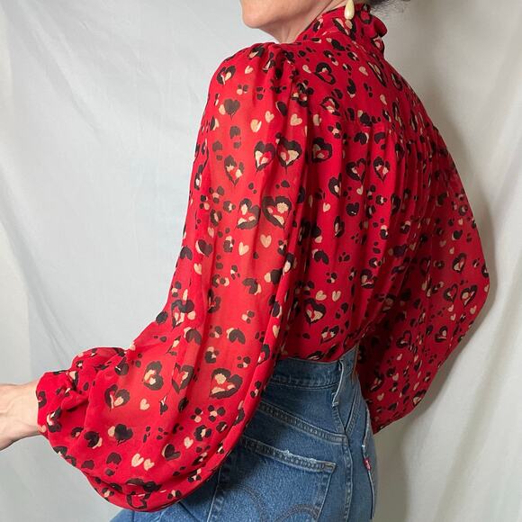 Chico’s heart animal leopard print blouse‎ tie neck bow balloon sleeve red black - Picture 3 of 17